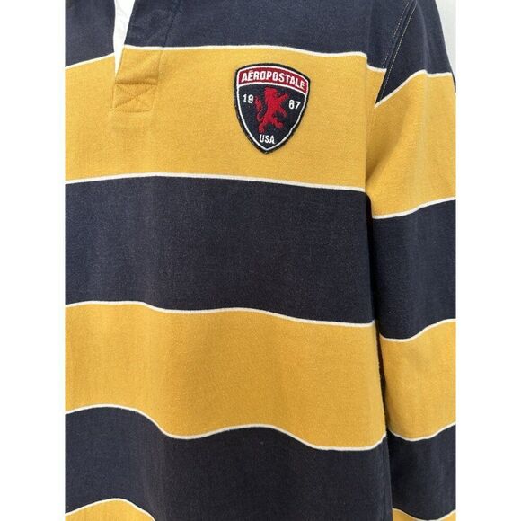 Men's Aeropostale Shirt Navy Yellow Polo Jersey L Y2K‎ Rugby Patch Retro Preppy - Picture 4 of 7